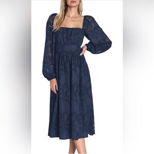 Floral Lace Long Sleeve Elastic High Waist A Line Flowy Party Midi Dress Navy